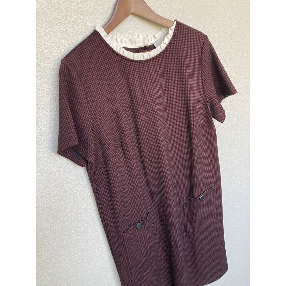 NWOT LOFT Houndtooth Mini Dress size 14 red and black ruffle neck holiday - Picture 2 of 7